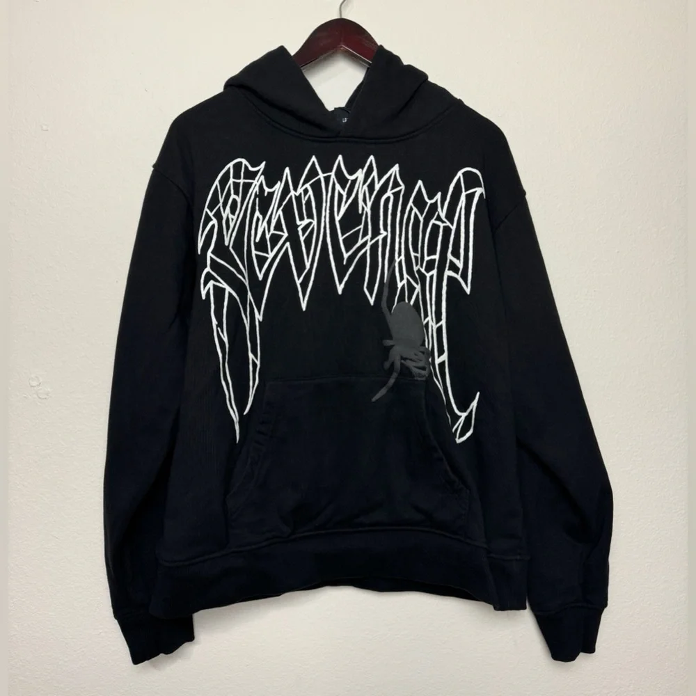 Revenge Men’s Black Hoodie Spider Arch Hoodie Black Glow In The Dark Streetwear